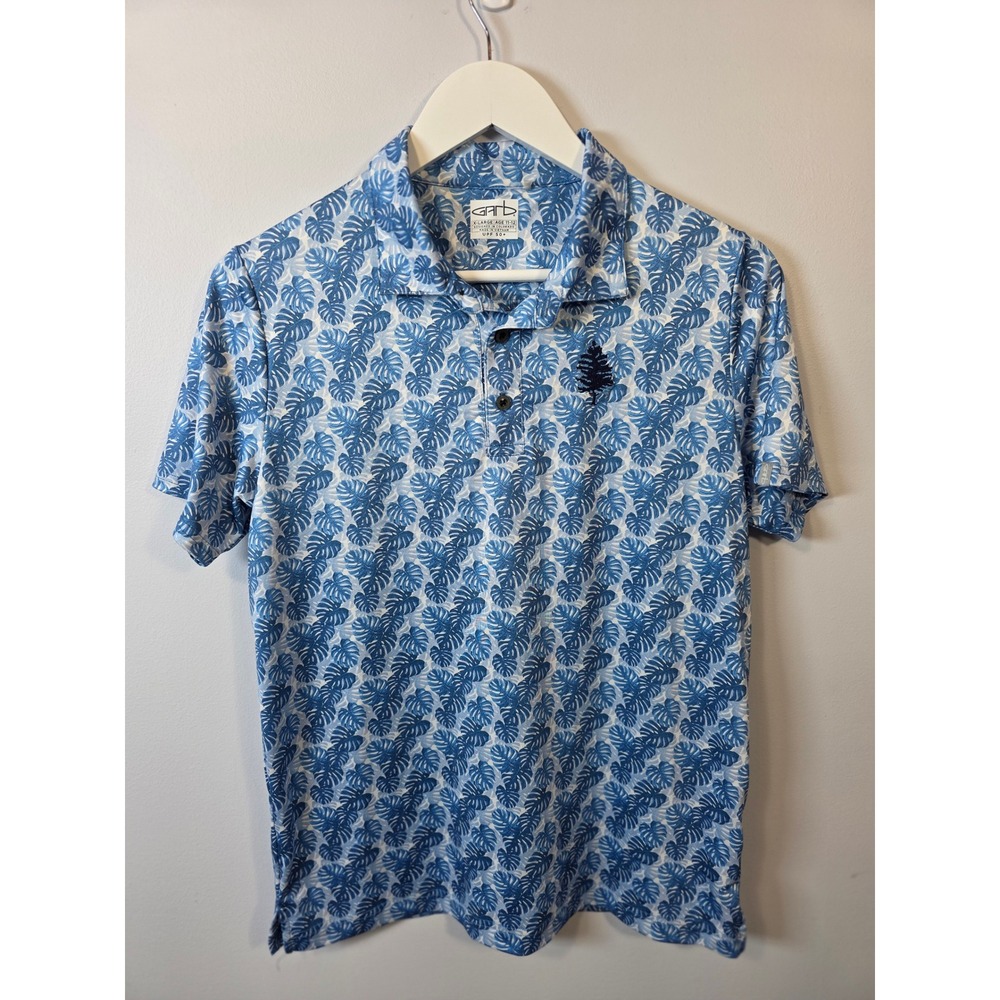 Garb Boys XL 11-12 years  Blue Monstera Tropical Print Performance Golf Polo UPF